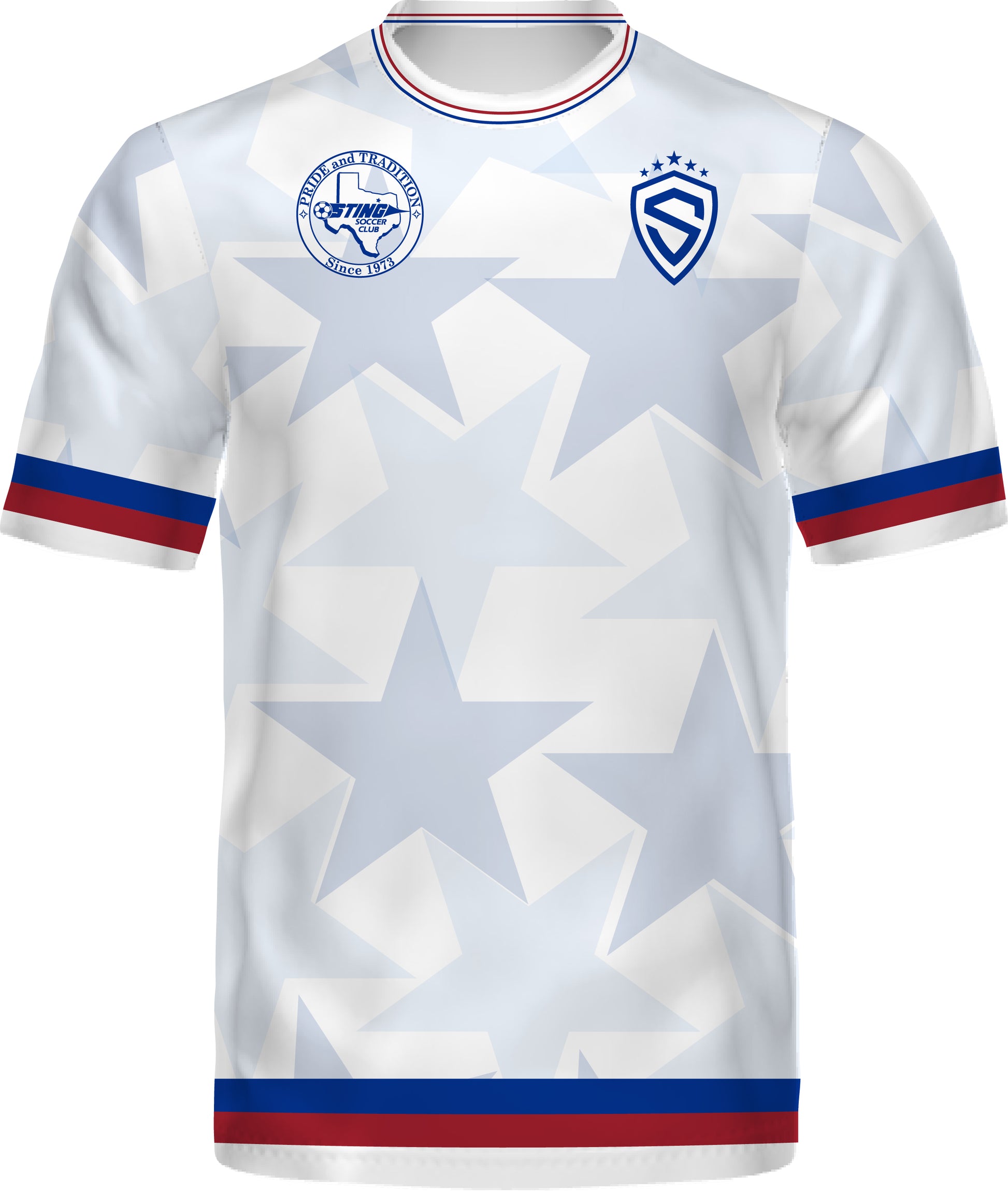 White sports jersey with star patterns and blue and red accents on a white background