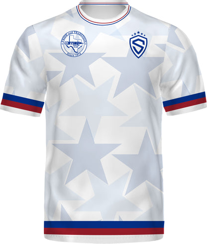 White sports jersey with star patterns and blue and red accents on a white background