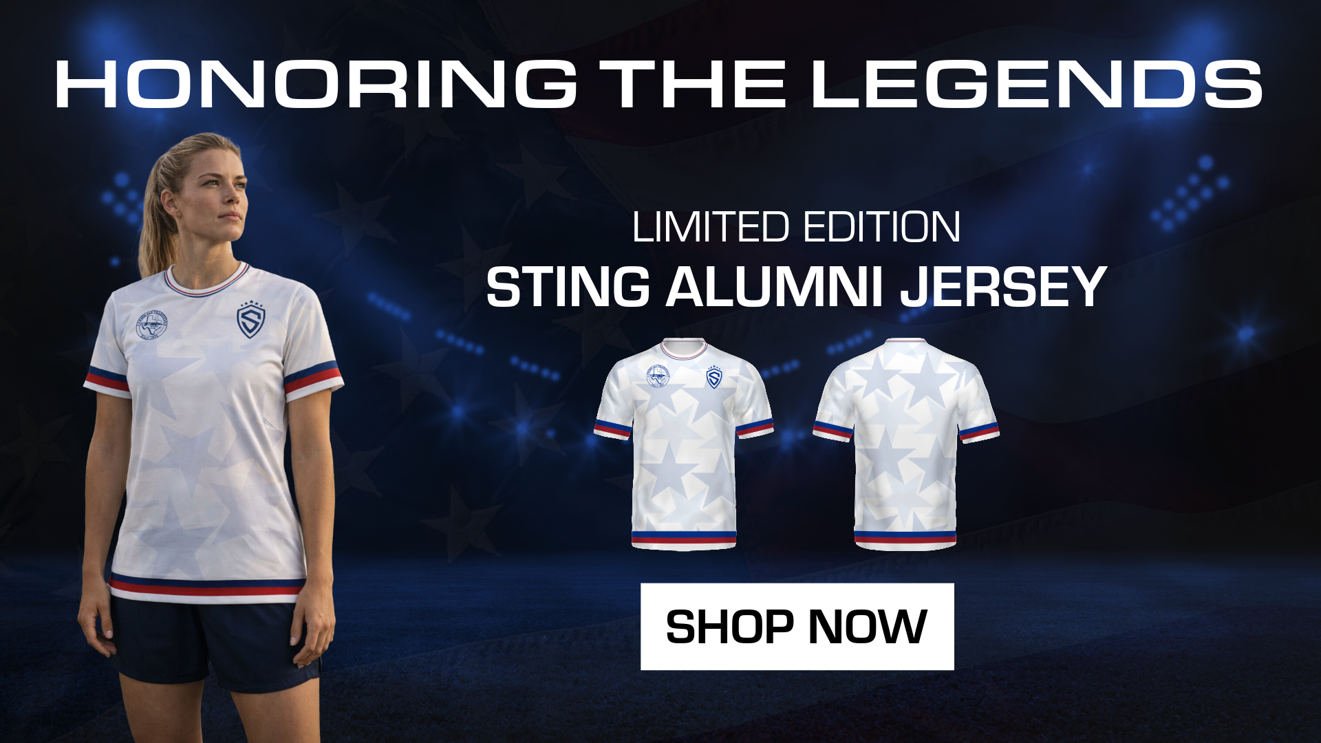 Person wearing a limited edition Sting Alumni jersey with text 'Honoring the Legends' and 'Shop Now' on a dark background.